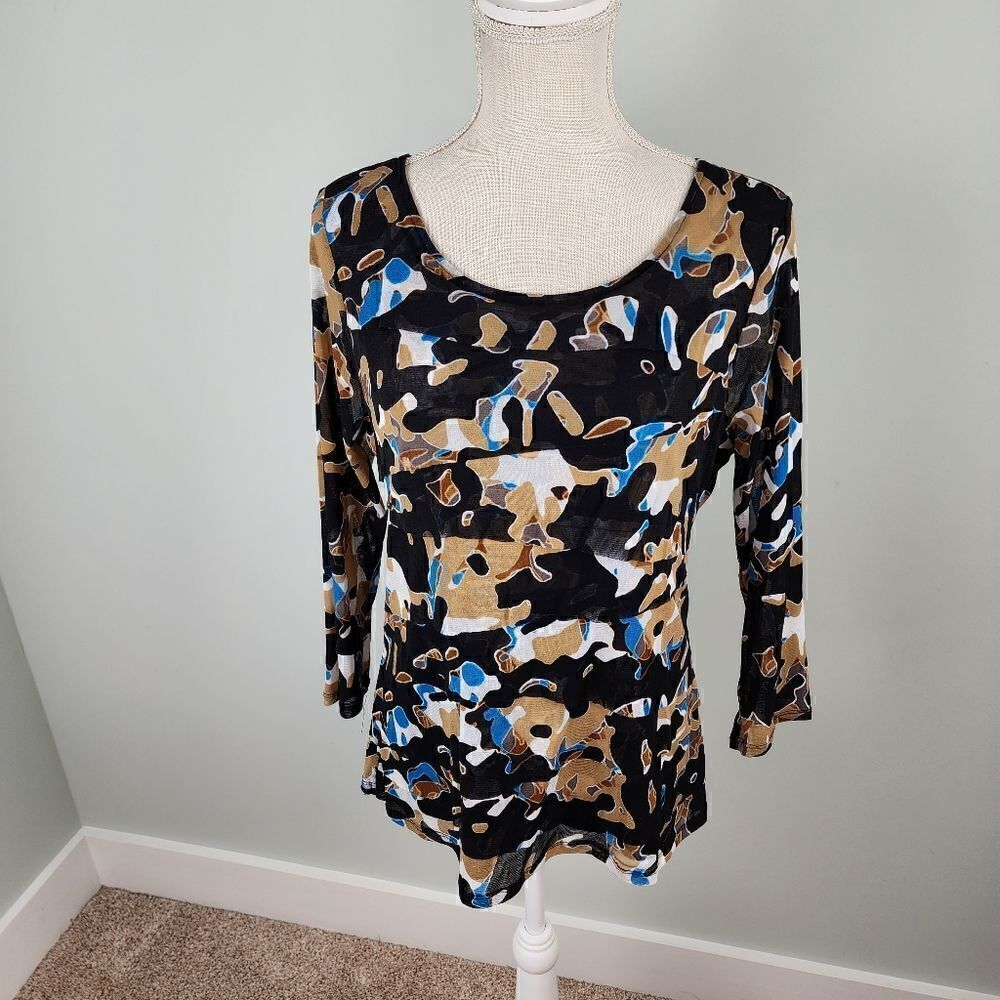 ALFANI WOMEN'S TIERED RUFFLE TOP WITH 3/4 LENGTH SHEER SLEEVES SIZE LARGE